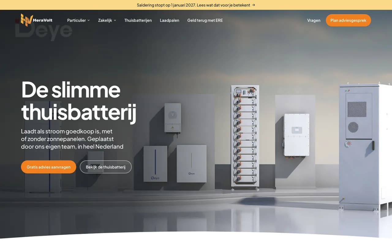 Homepage van heravolt.nl: koptekst "De slimme thuisbatterij" met thuisbatterijen in beeld.