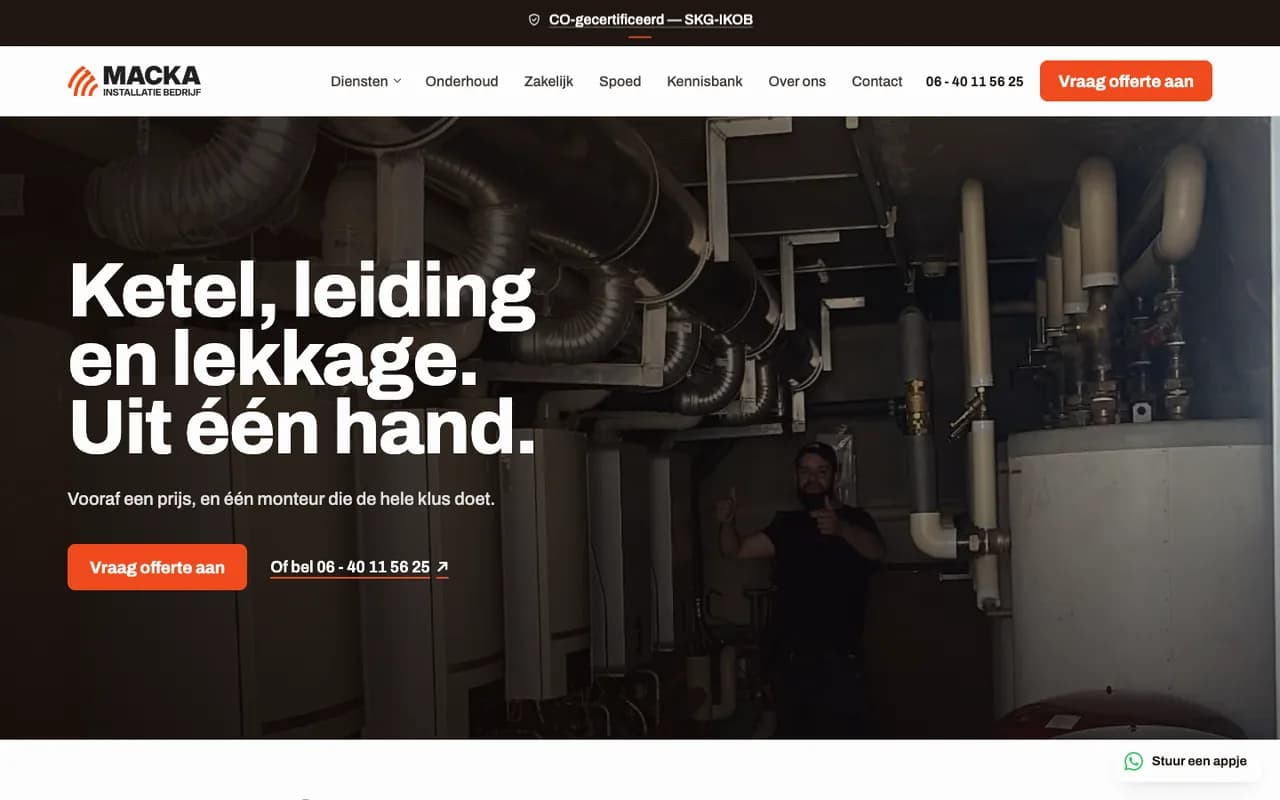 Homepage van mackainstallatie.nl: koptekst "Ketel, leiding en lekkage. Uit één hand."